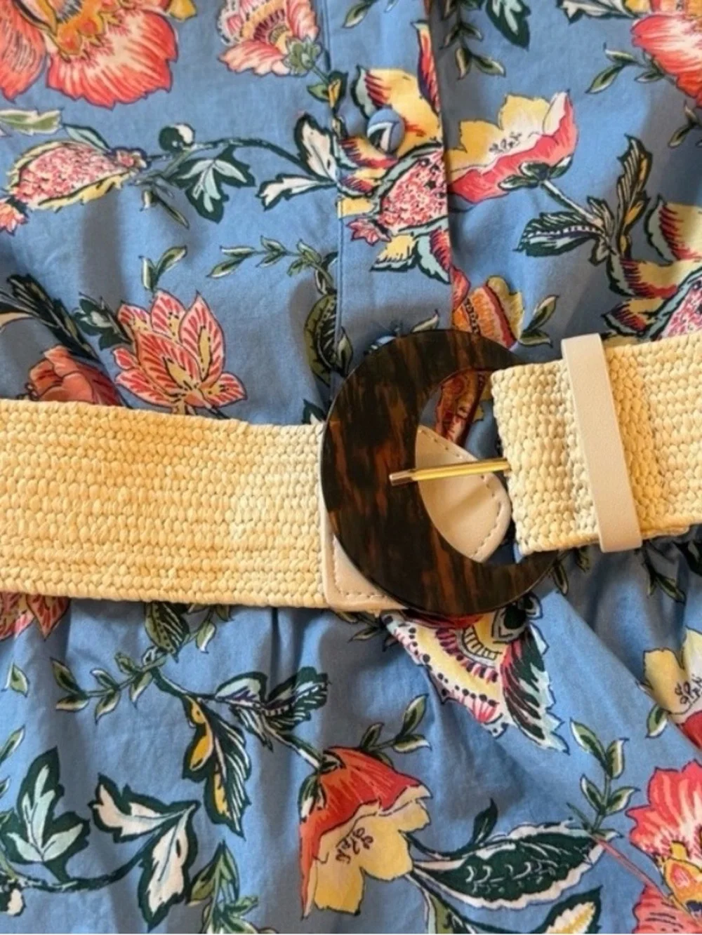 Woven Straw Belt with Tortoiseshell Buckle - Cream